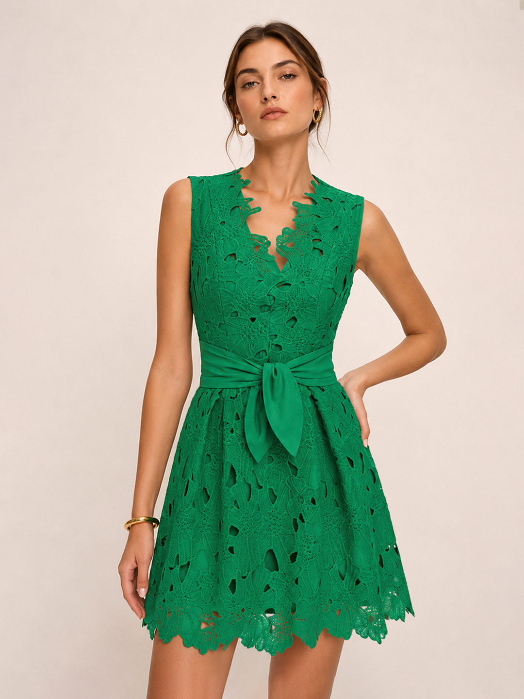 Crochet Lace Belted Sleeveless Mini Dress
