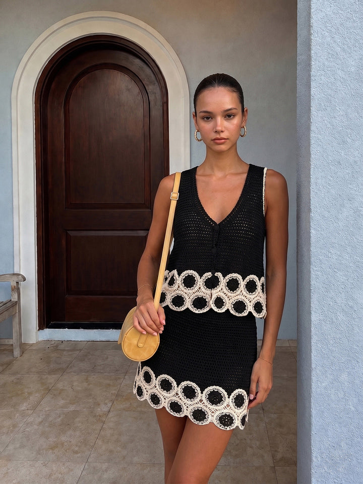 Crochet Lace Trim Sleeveless Vest & Mini Skirt Set