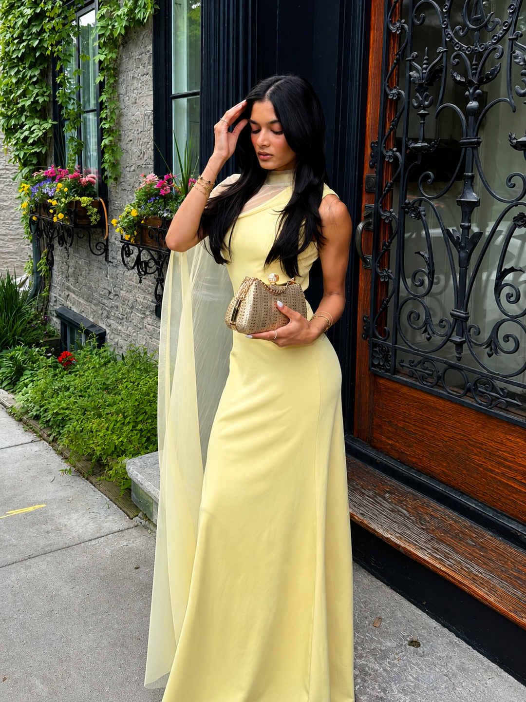 Sheer Drape Slim Maxi Evening Dress