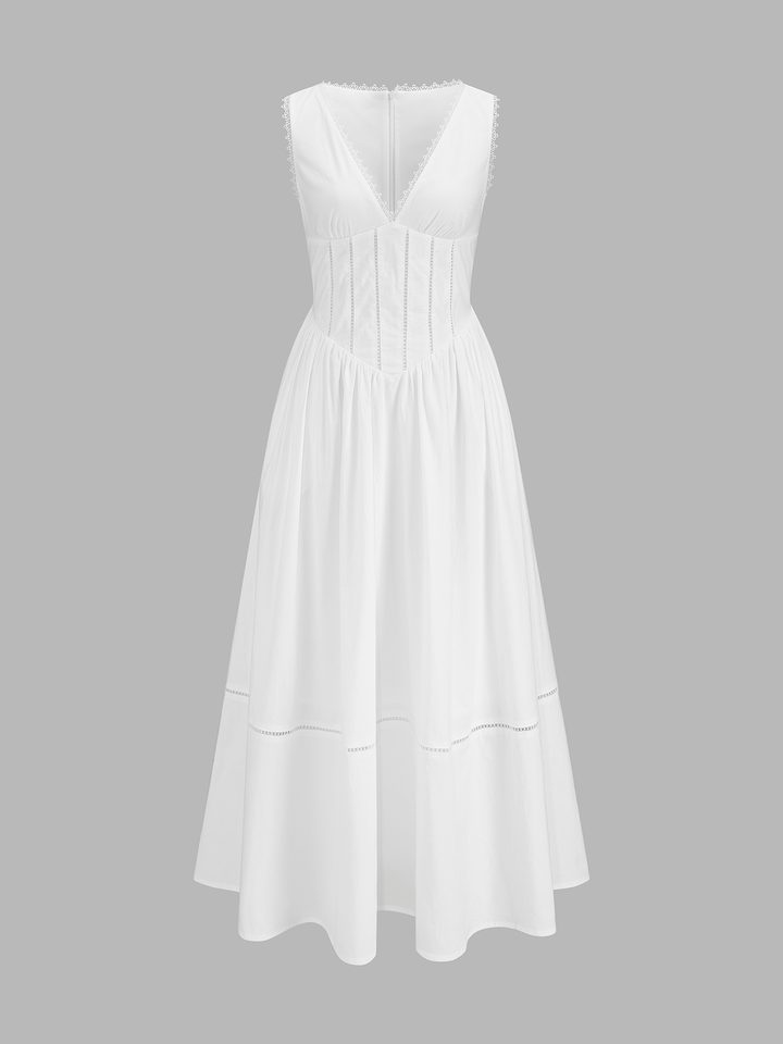 Lace Trim V‑Neck Corset Midi Dress