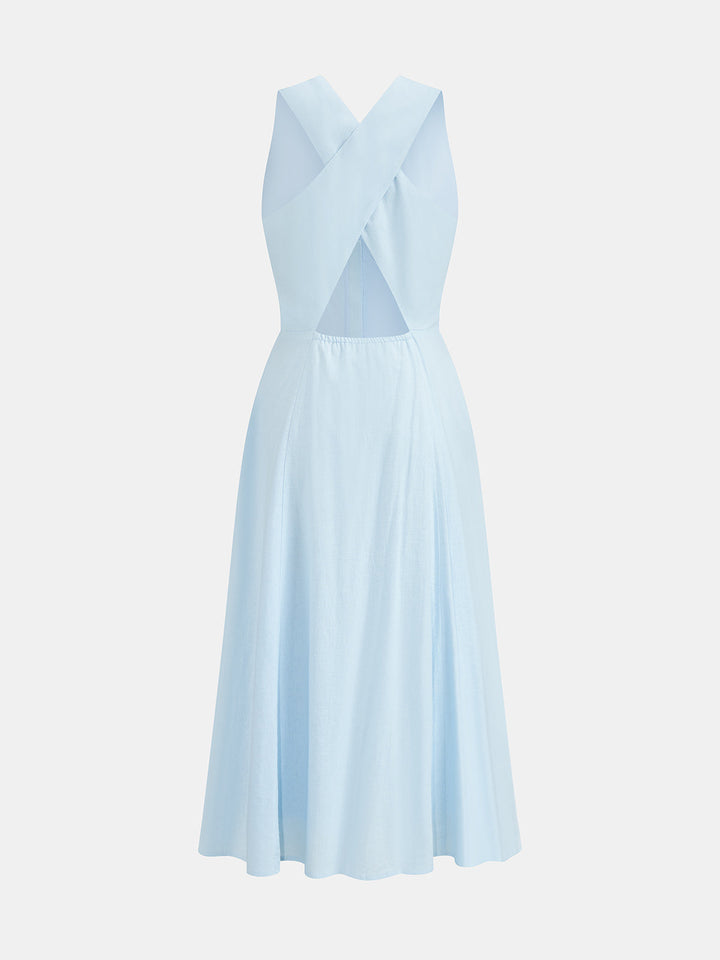 Linen Blend V Neck Cross Back Maxi Dress