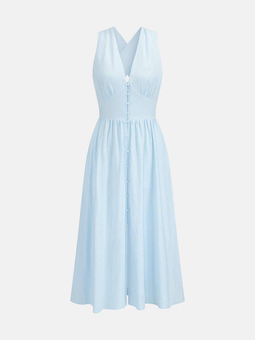 Linen Blend V Neck Cross Back Maxi Dress
