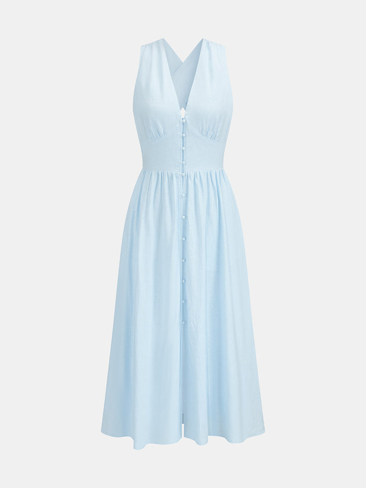 Linen Blend V Neck Cross Back Maxi Dress