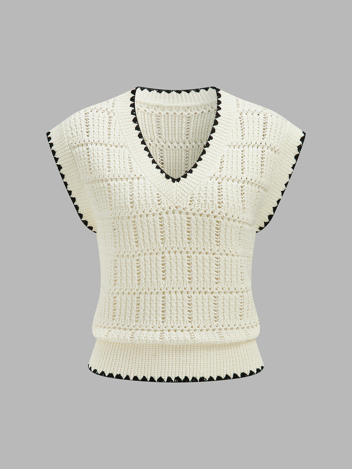Contrast Trim Crochet V‑Neck Knit Vest