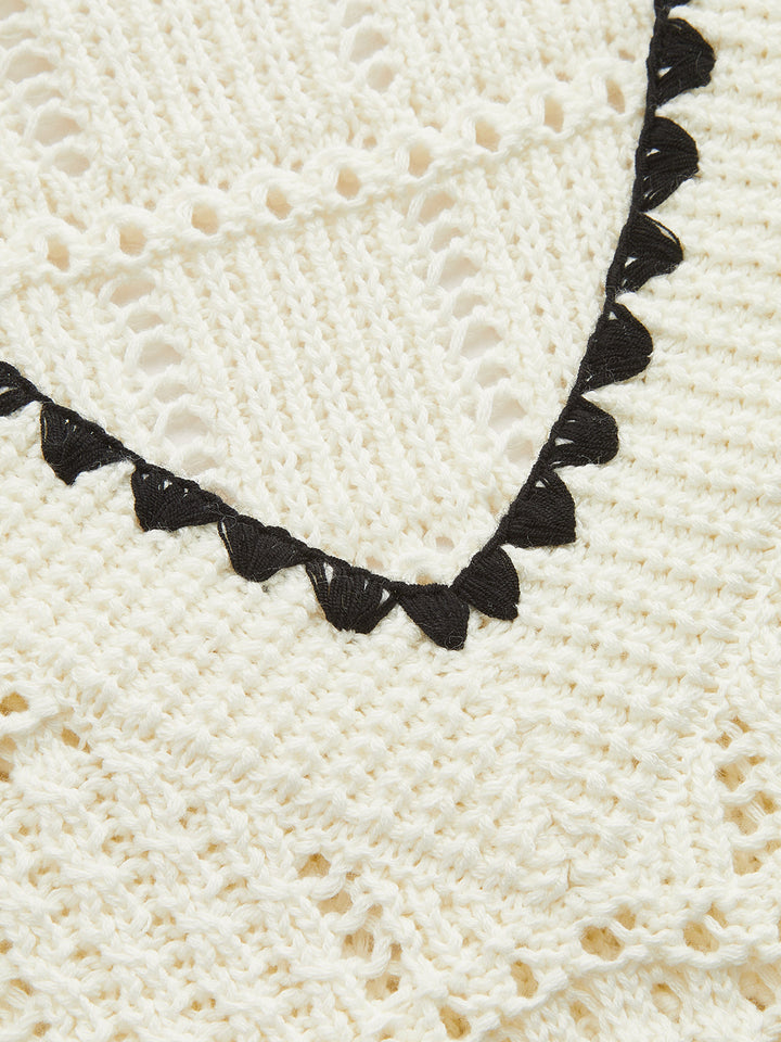 Contrast Trim Crochet V‑Neck Knit Vest