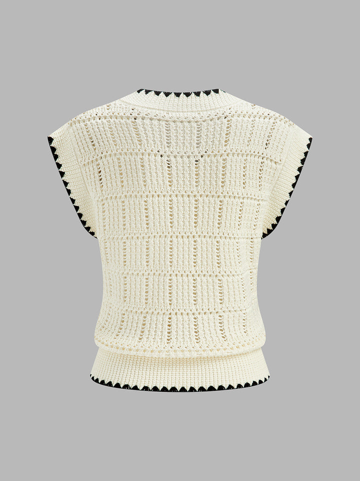 Contrast Trim Crochet V‑Neck Knit Vest