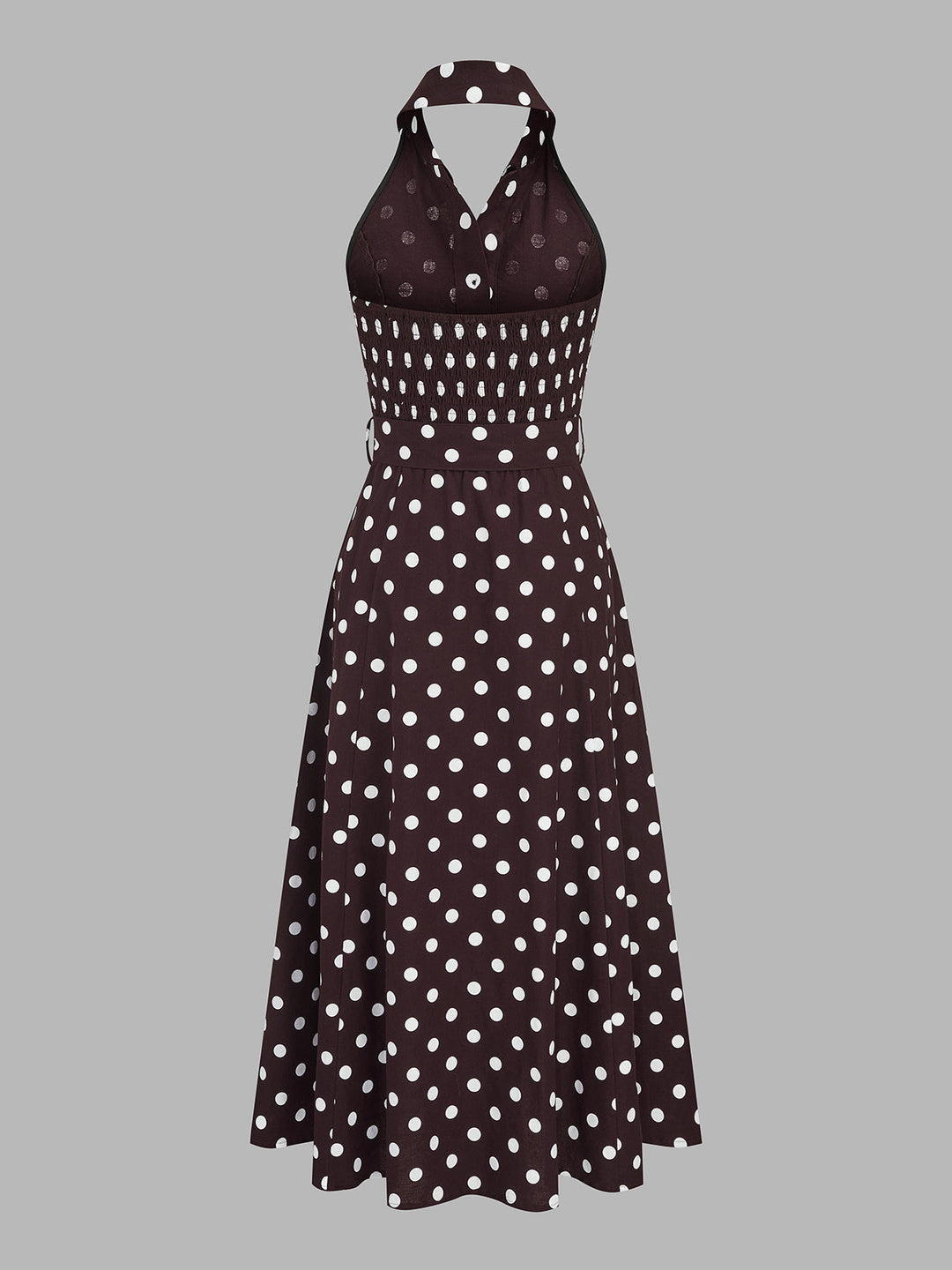 Polka Dot Halter Belted Cotton Linen Midi Dress
