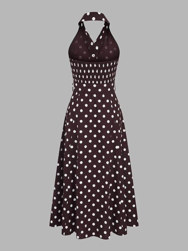 Polka Dot Halter Belted Cotton Linen Midi Dress