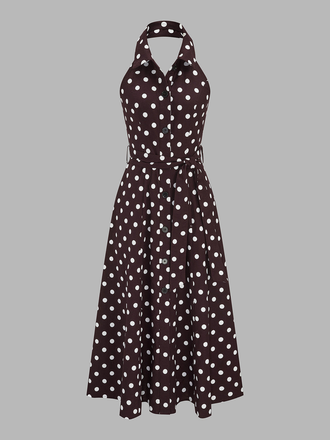 Polka Dot Halter Belted Cotton Linen Midi Dress