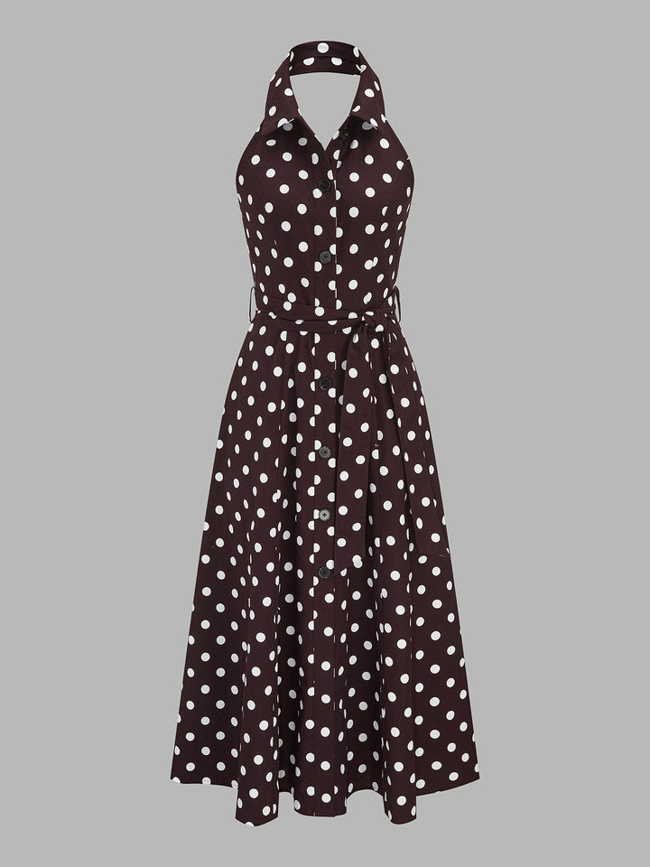 Polka Dot Halter Belted Cotton Linen Midi Dress