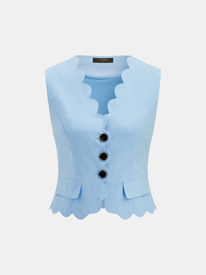 Scallop Trim Buttoned Vest & Shorts Set
