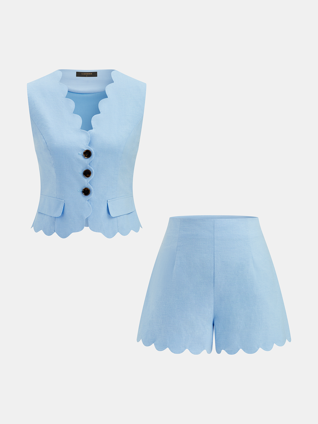Scallop Trim Buttoned Vest & Shorts Set