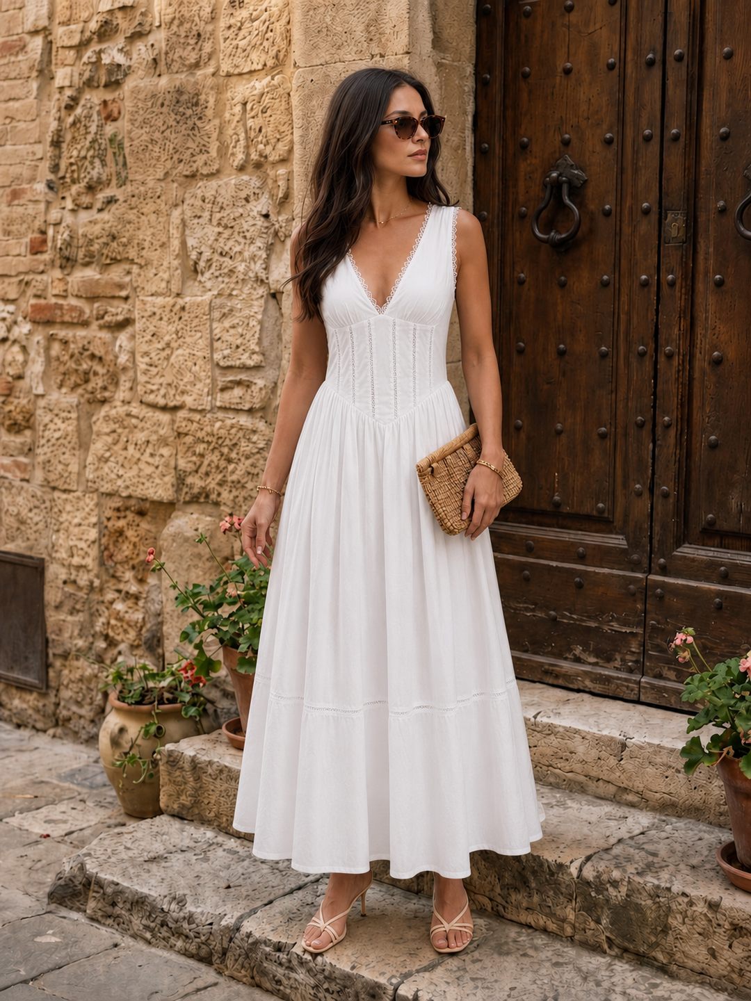 Lace Trim V‑Neck Corset Midi Dress