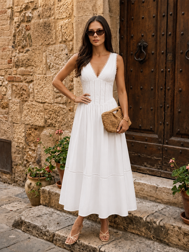 Lace Trim V‑Neck Corset Midi Dress