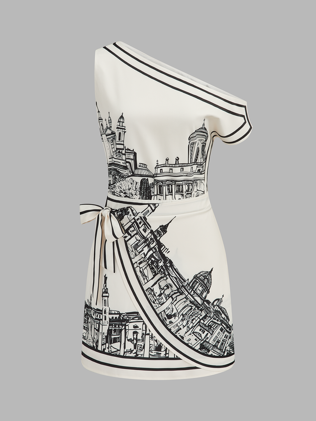 One Shoulder Tie Waist Printed Mini Dress
