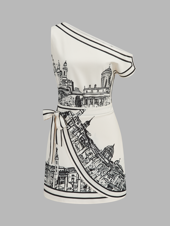 One Shoulder Tie Waist Printed Mini Dress