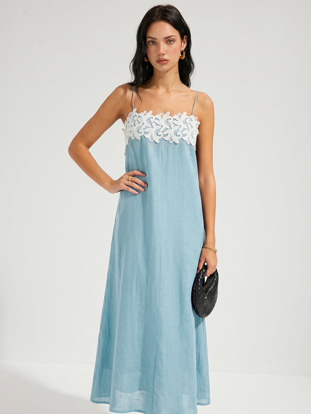 Lace Trim Linen-Blend Cami Maxi Dress