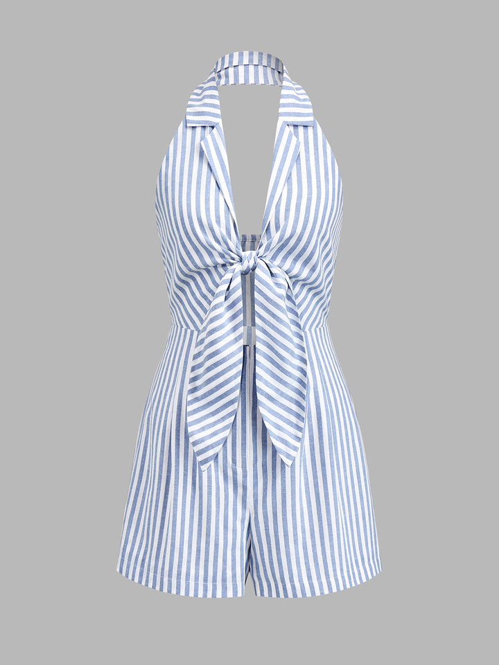 Halter Tie Front Striped Romper