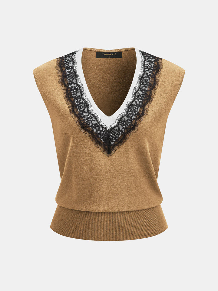 Lace Trim Contrast V Neck Sleeveless Knit Vest