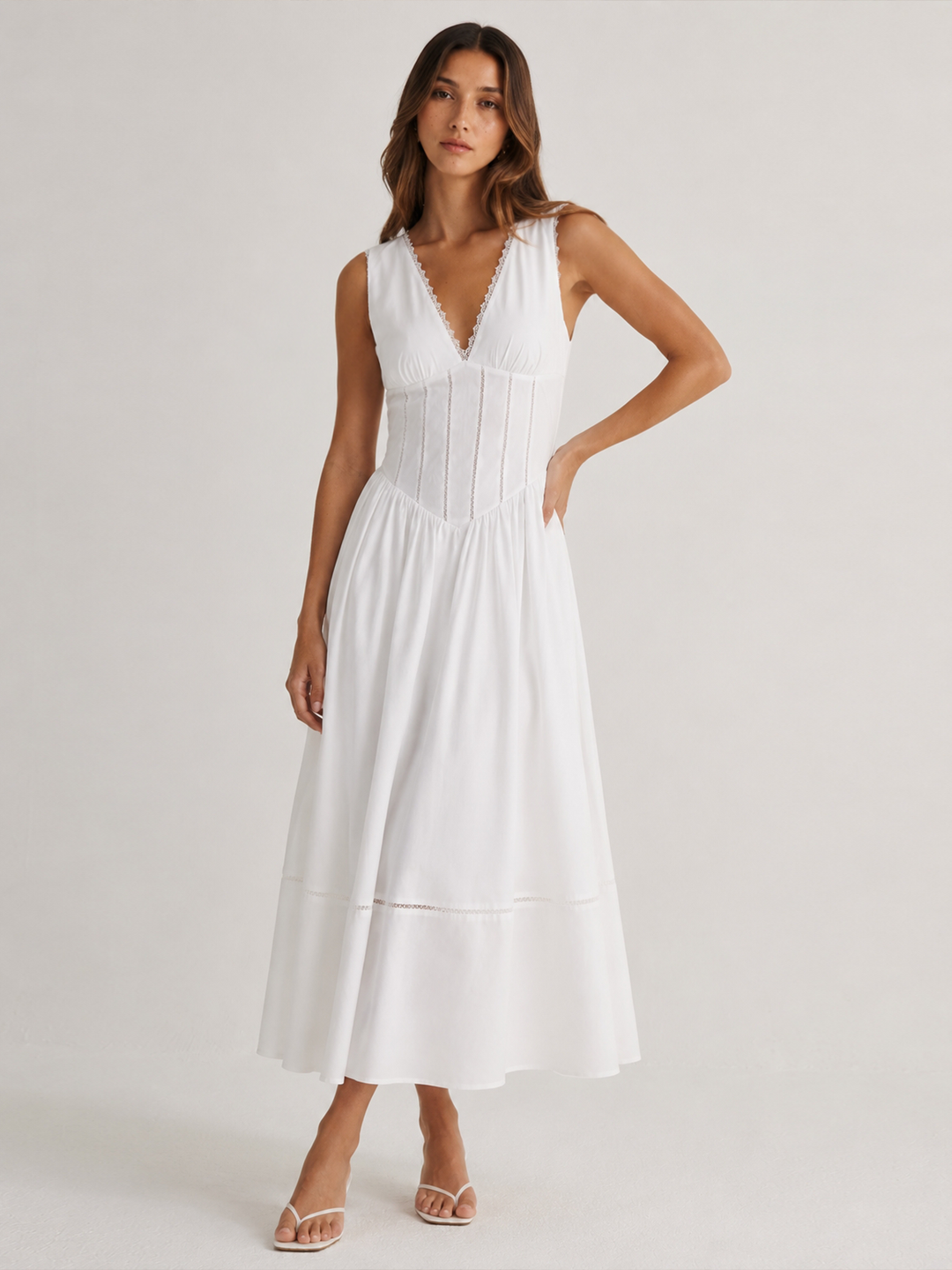 Lace Trim V‑Neck Corset Midi Dress