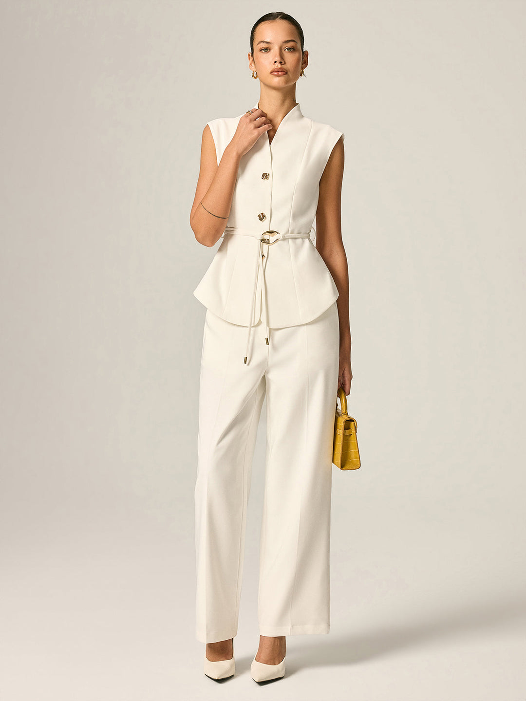 Stand Collar Belted Vest & Pants Set