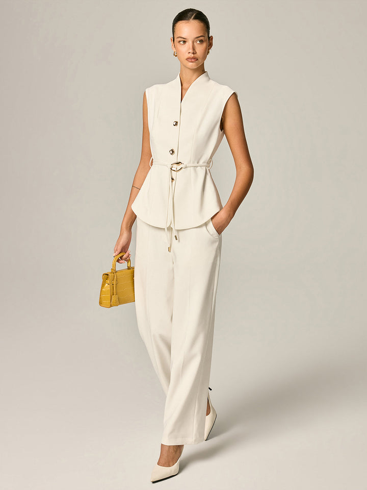 Stand Collar Belted Vest & Pants Set