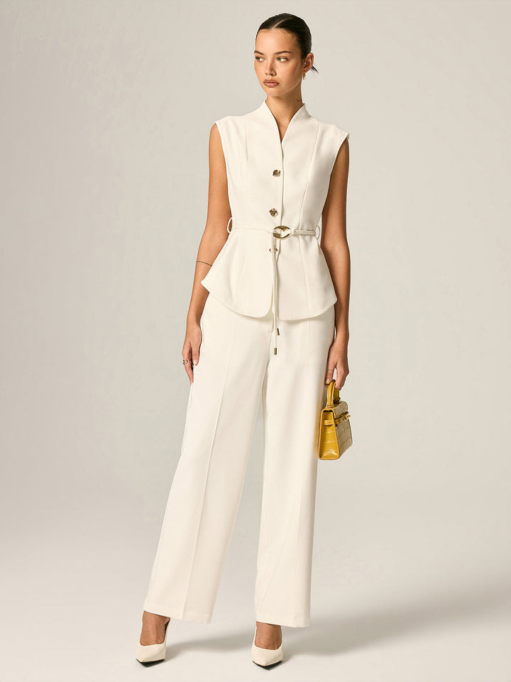 Stand Collar Belted Vest & Pants Set