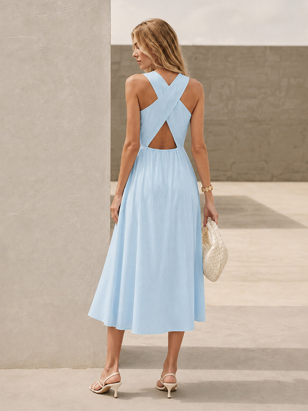 Linen Blend V Neck Cross Back Maxi Dress