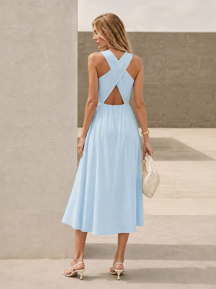 Linen Blend V Neck Cross Back Maxi Dress