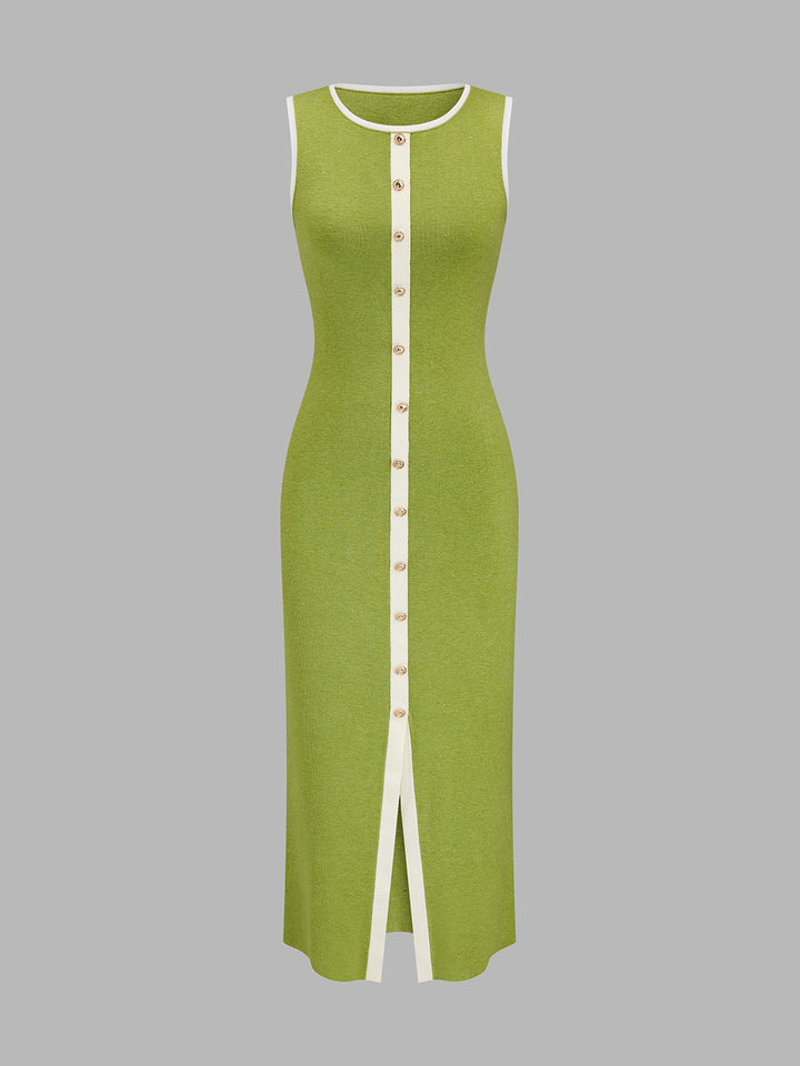 Contrast Trim Button Front Knit Maxi Dress