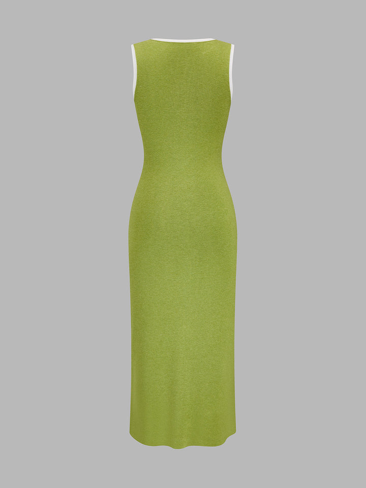 Contrast Trim Button Front Knit Maxi Dress