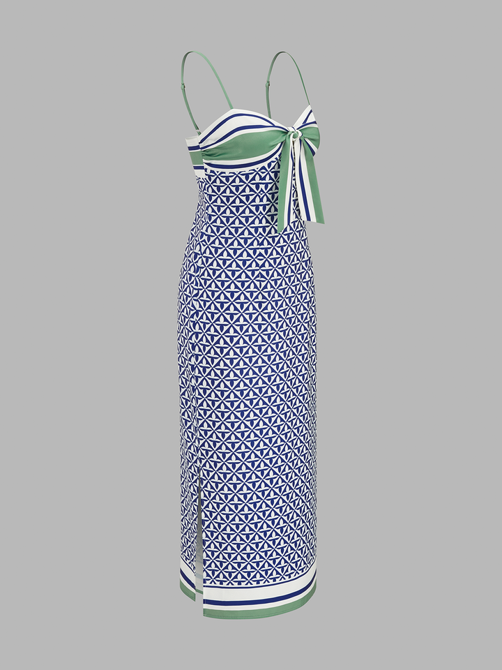 Geometric Print Tie-Front Slit Maxi Slip Dress