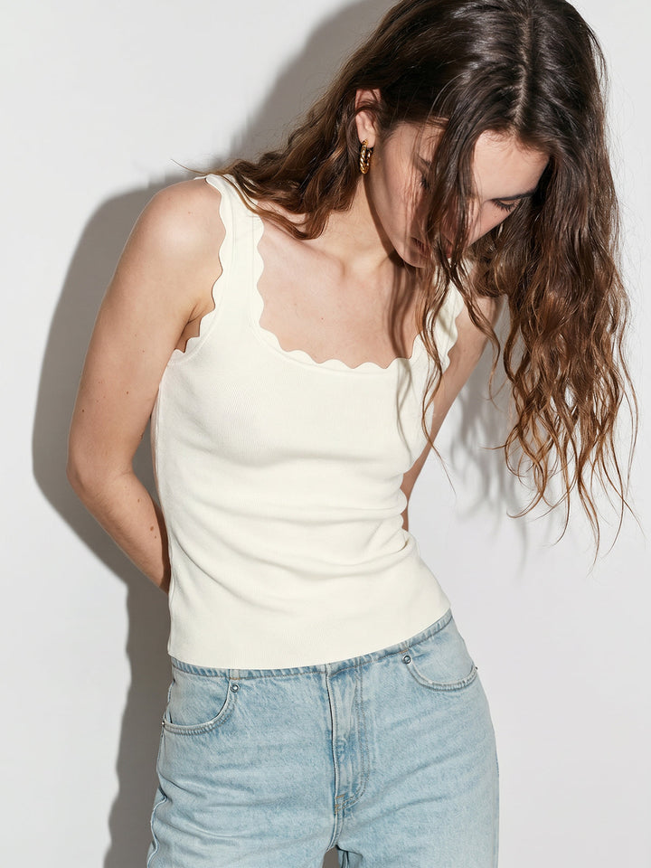 Scallop Edge Square Neck Ribbed Knit Tank Top