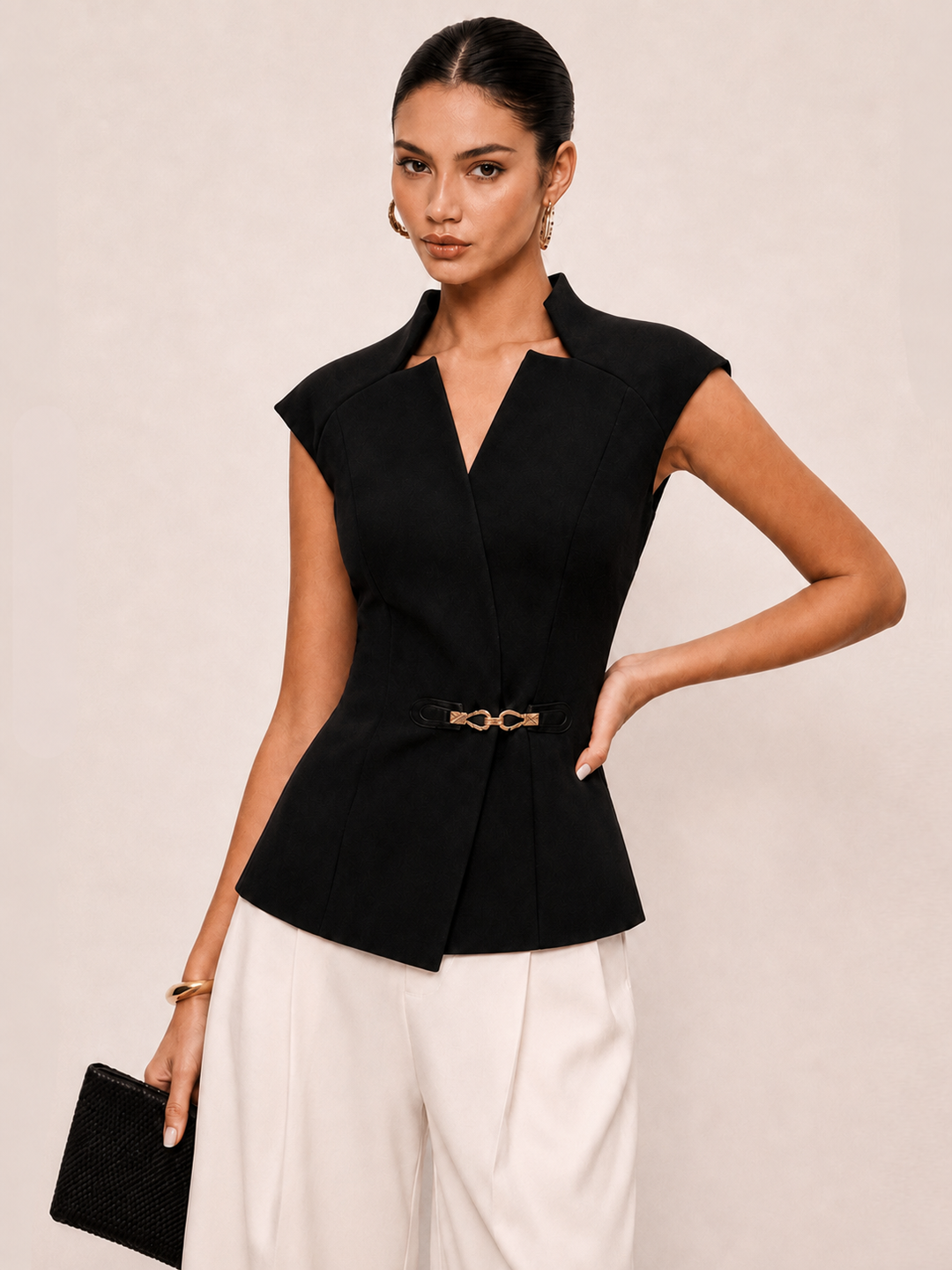 Metal Buckle Waist Cinched Sleeveless Top