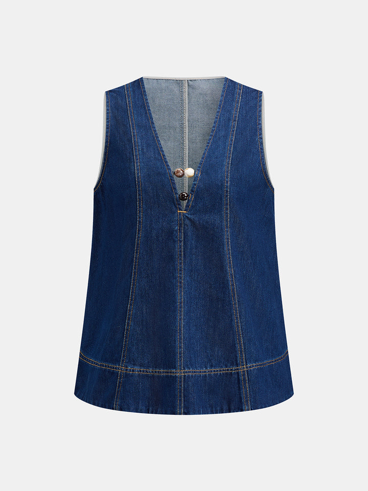 V Neck Beaded Denim Vest & Shorts Set