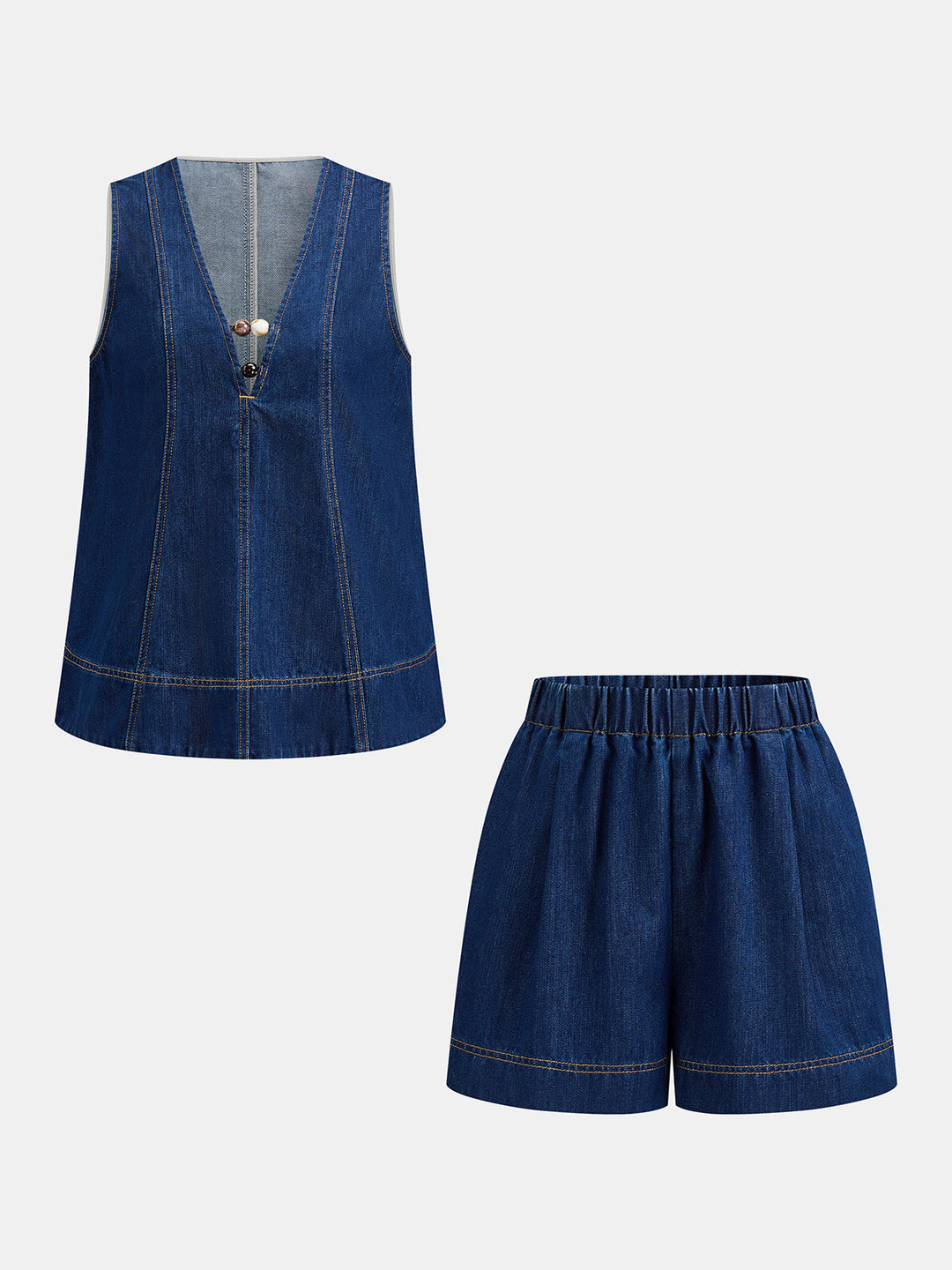 V Neck Beaded Denim Vest & Shorts Set