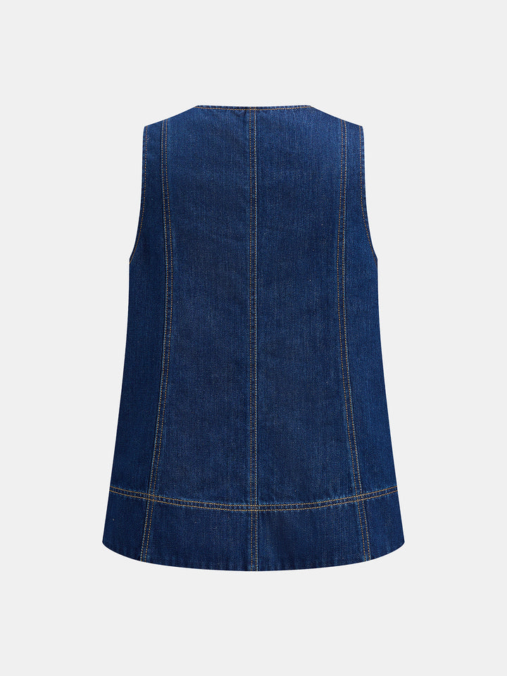 V Neck Beaded Denim Vest & Shorts Set