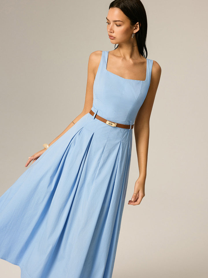 Square Neck Belted Pleated Maxi Dress