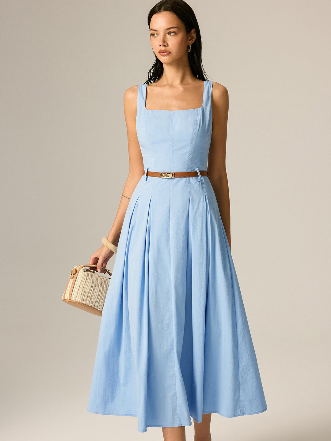 Square Neck Belted Pleated Maxi Dress