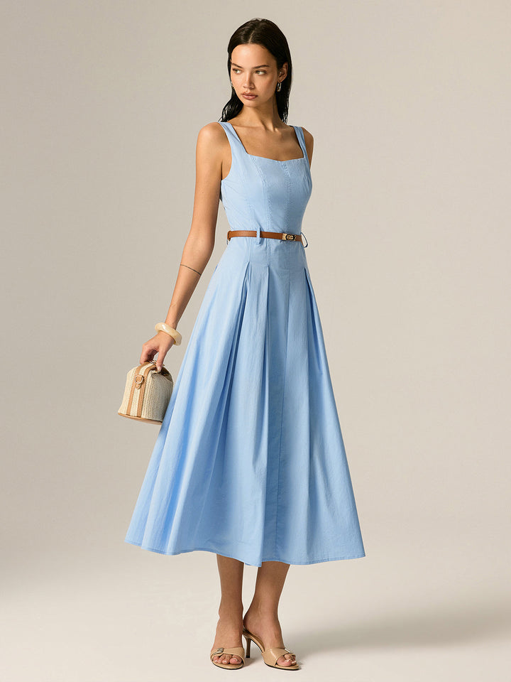 Square Neck Belted Pleated Maxi Dress