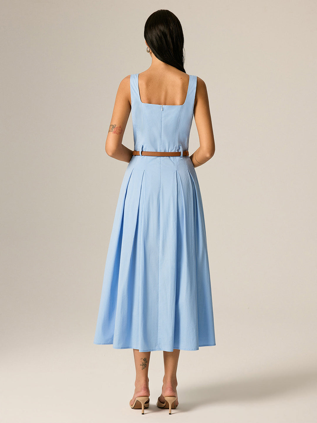 Square Neck Belted Pleated Maxi Dress