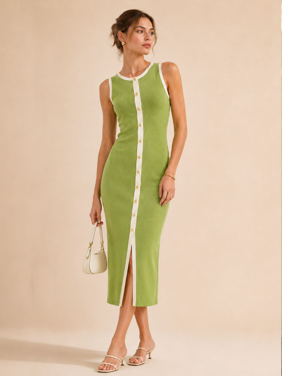 Contrast Trim Button Front Knit Maxi Dress