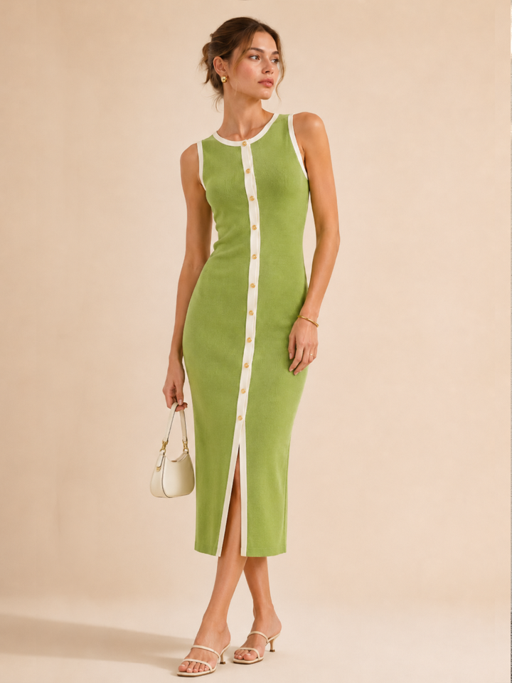 Contrast Trim Button Front Knit Maxi Dress
