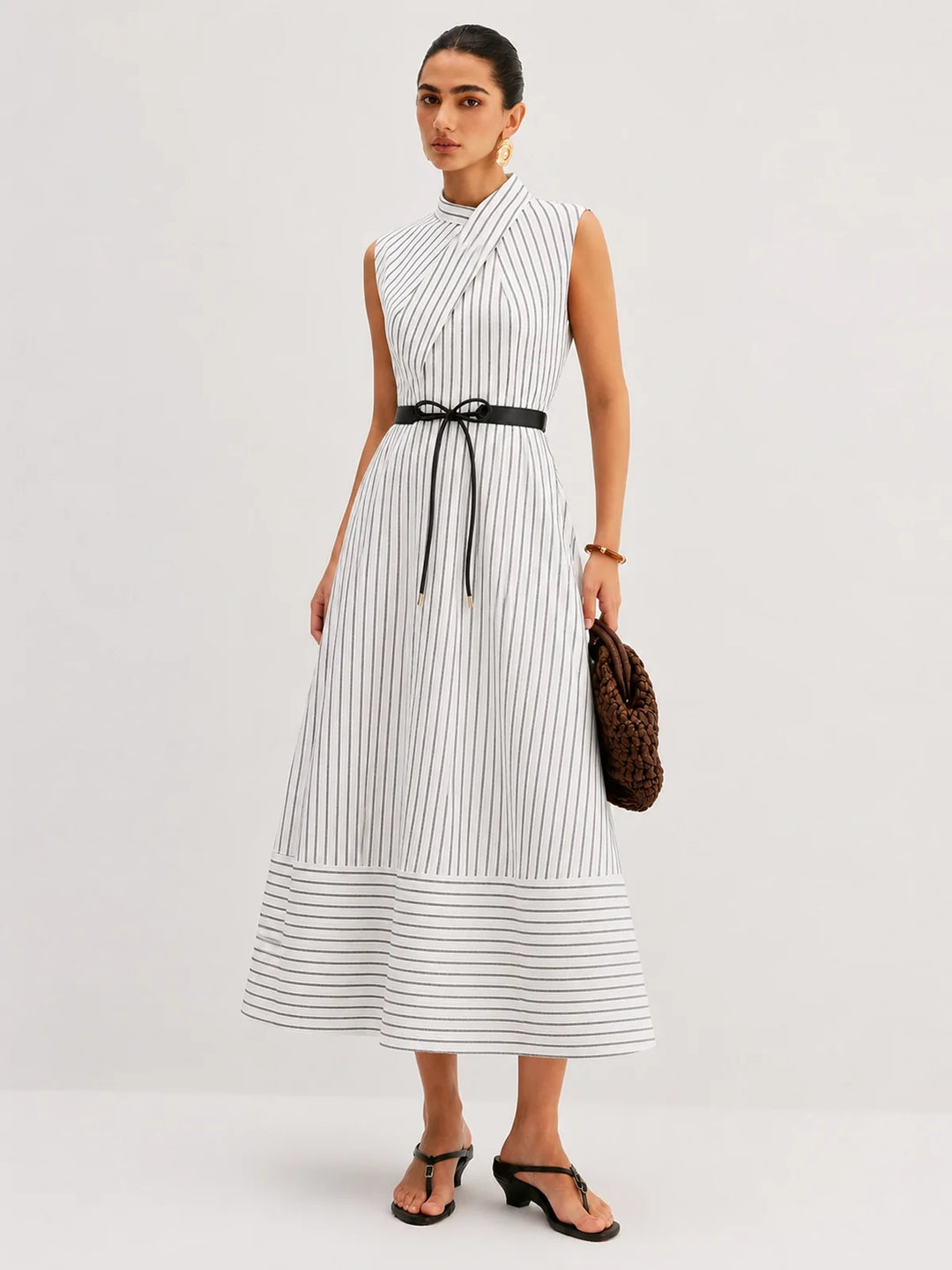Wrap Collar Striped Belted Midi Dress