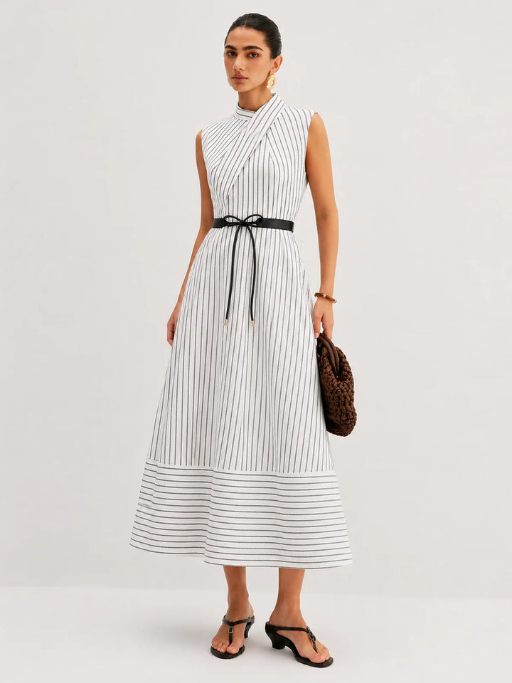 Wrap Collar Striped Belted Midi Dress