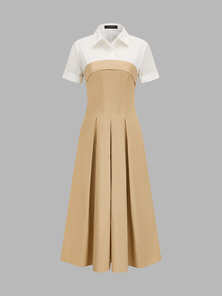 Fake Two Piece Shirt Collar Pleated Maxi Dress