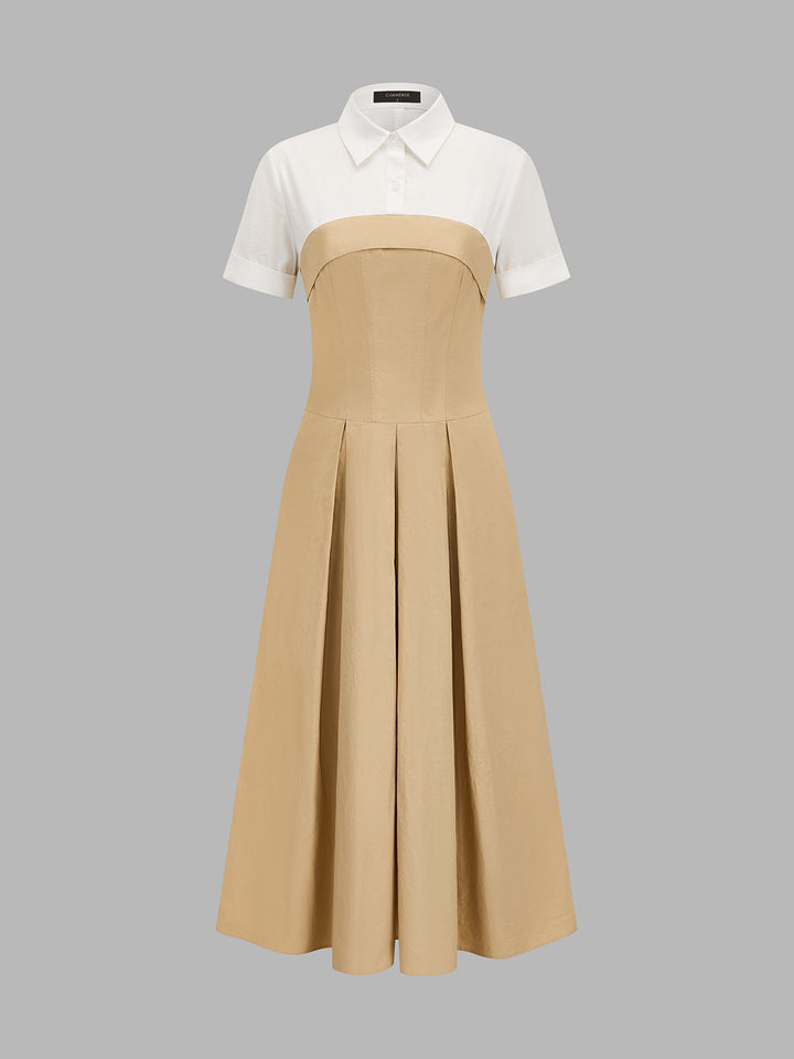 Fake Two Piece Shirt Collar Pleated Maxi Dress