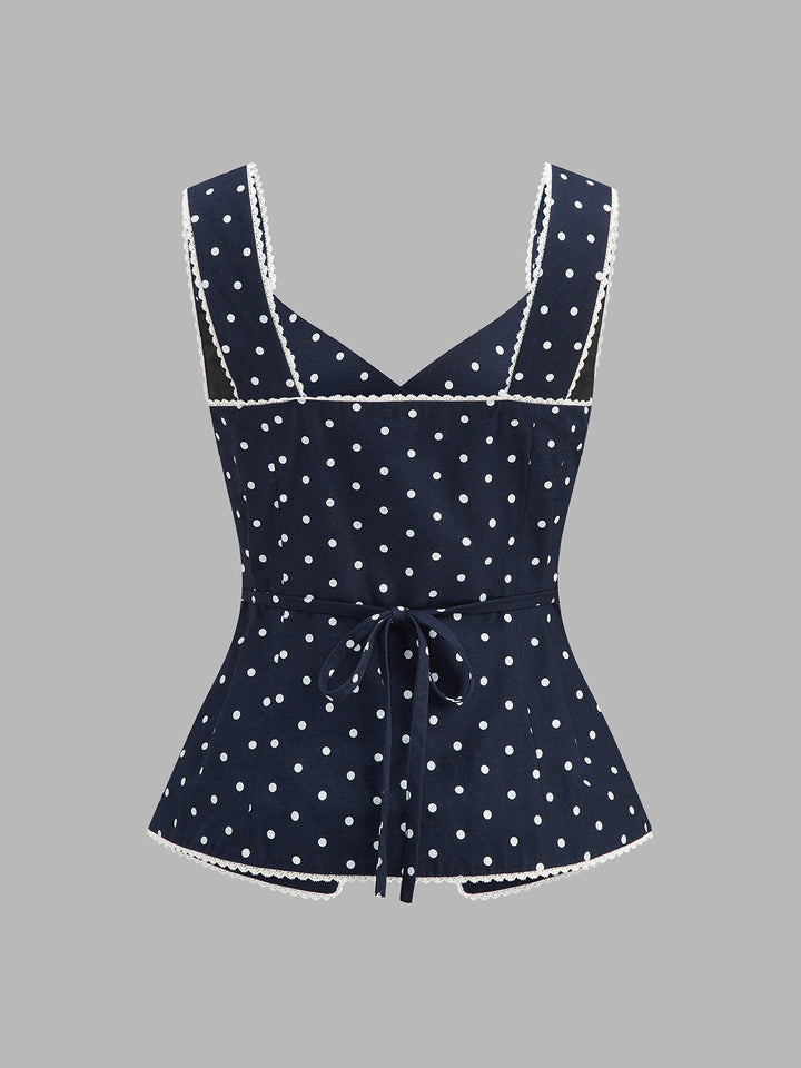 Polka Dot Lace Trim Button Front Vest