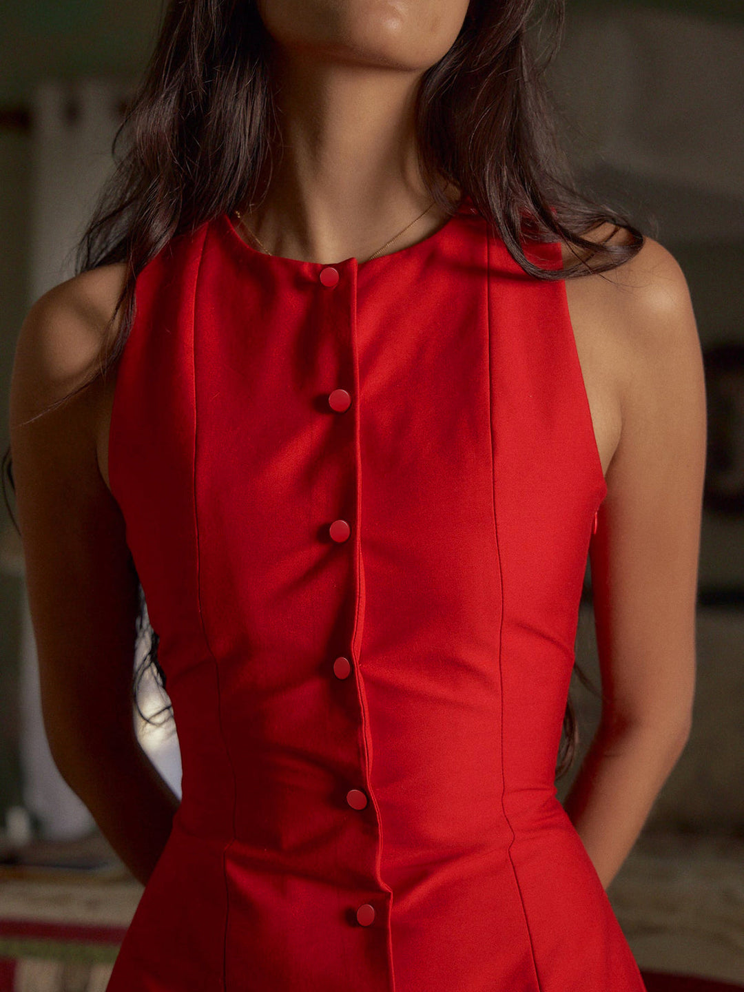 Button-Front Sleeveless Short Dress