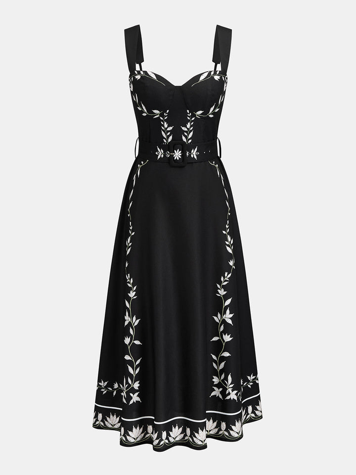Botanical Print Belted Maxi Slip Dress